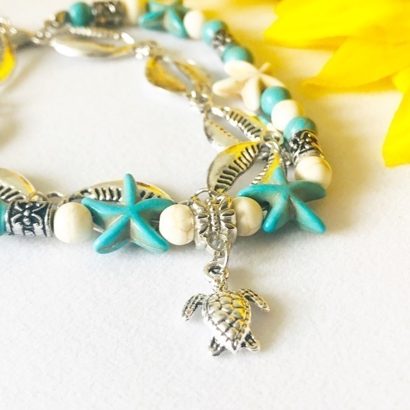 3/$30 Sea Turtle Starfish Puka Shell Double Chain Bracelet Anklet - Picture 2 of 6